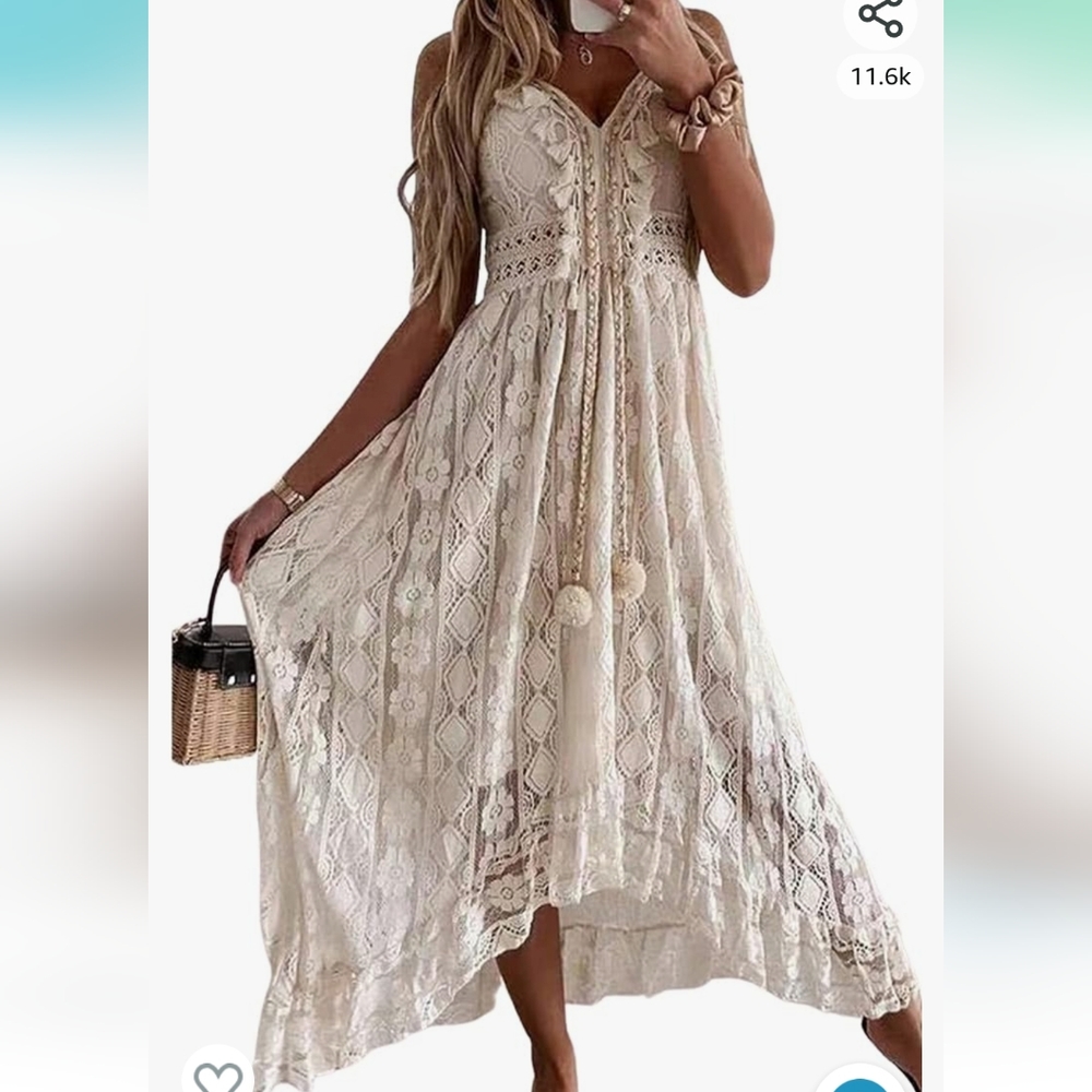 CUPSHE Women's Lace Up Dresses Boho Tassel V-Neck Flare Ruffle Beach